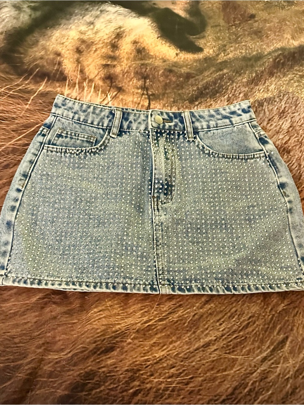 Denim Mini Skirt with rhinestone Stud Detail - Blue